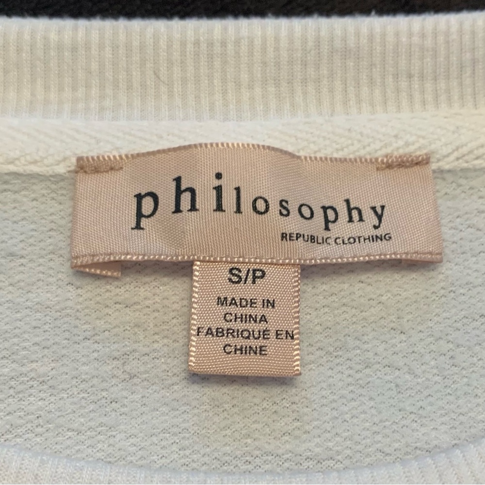 PHILOSOPHY ladies grayish white champagne decals sweatshirt Size S/P  VGUC - Picture 3 of 8